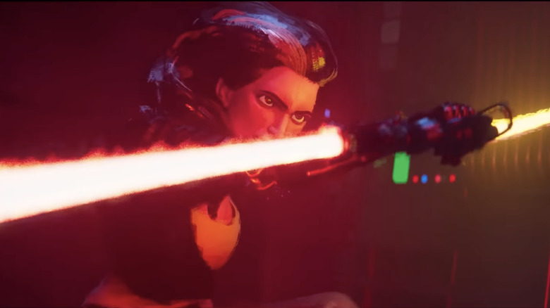 Lola wielding a double-bladed lightsaber