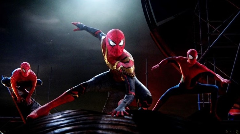 Spider-Man: No Way Home The three Spider-Man crouch together